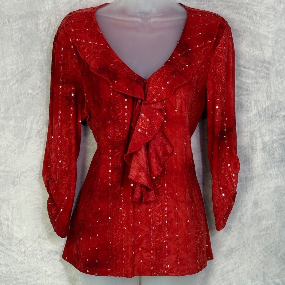 Whimsigoth Red Ruffle Sequin Blouse Womens sz L witchy Fairy Going Out Vampy